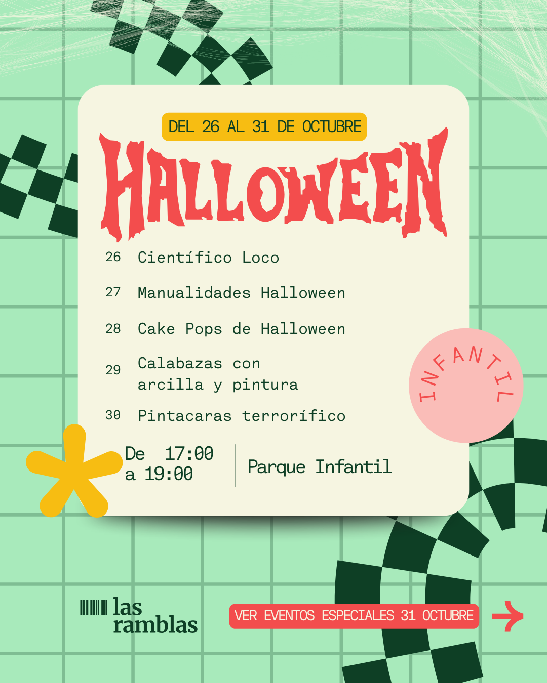 Programación de talleres infantiles de Halloween del 26 al 30 de octubre